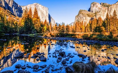योजमाइट राष्ट्रीय उद्यान, नदी, पतझड़, घाटी, पहाड़ों, कैलिफोर्निया, अमेरिका, सुंदर प्रकृति, अमेरिकी स्थलों, अमेरीका