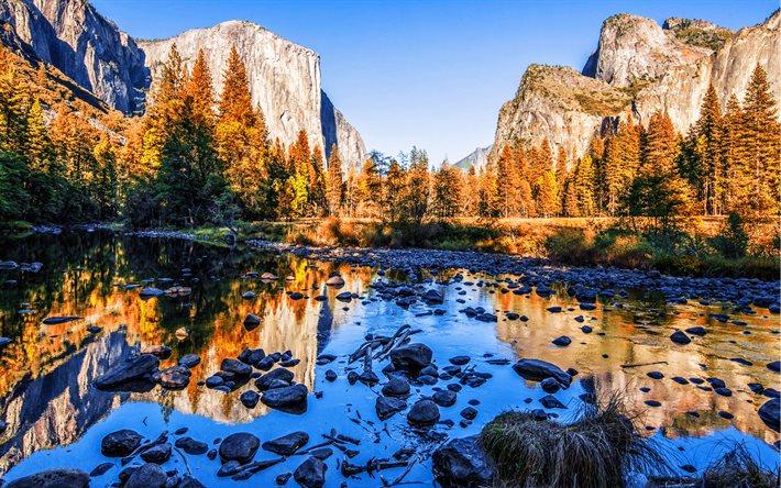 요세미티 국립 공원, 강, 가을, 골짜기, 산들, 캘리포니아, 미국, 아름다운 자연, 미국 랜드마크
