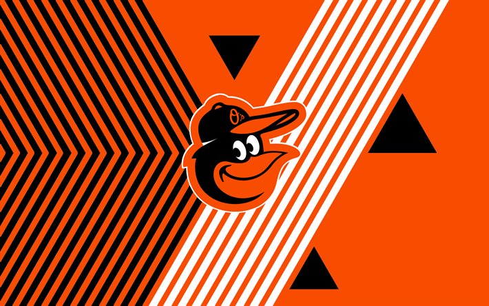 شعار بالتيمور أوريولز, 4k, فريق البيسبول الأمريكي, بني اللون البرتقالي الخطوط الخلفية, بالتيمور أوريولز, mlb, الولايات المتحدة الأمريكية, فن الخط, البيسبول
