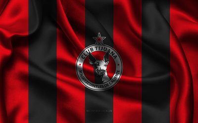 4k, club tijuana logo, schwarz roter seidenstoff, mexikanische fußballmannschaft, club tijuana emblem, liga mx, club tijuana, mexiko, fußball, club tijuana flagge