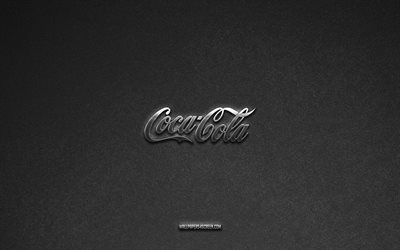 coca cola logo, marken, grauer steinhintergrund, coca cola emblem, beliebte logos, coca cola, metallschilder, coca cola metalllogo, steinstruktur