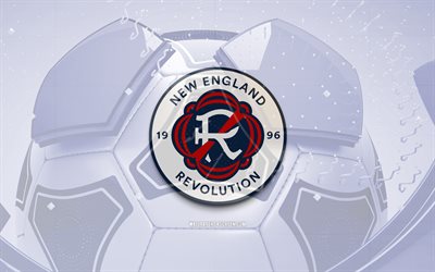 ニューイングランド革命の光沢のあるロゴ, 4k, 青いサッカーの背景, mls, サッカー, ニューイングランド革命のロゴ, ニューイングランド革命の紋章, ニューイングランド・レボリューション fc, フットボール, ニューイングランド・レボリューション