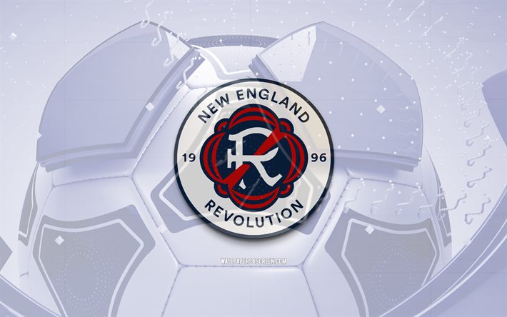 New England Revolution glossy logo, 4K, blue football background, MLS, soccer, New England Revolution logo, New England Revolution emblem, New England Revolution FC, football, New England Revolution