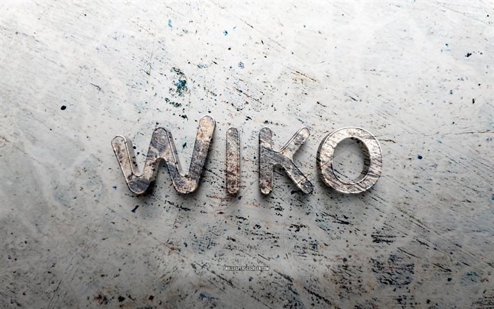 logo in pietra wiko, 4k, sfondo di pietra, wiko logo 3d, marche, creativo, marchio wiko, arte del grunge, wiko