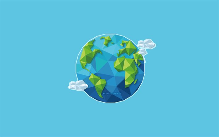 Abstract Earth, 4k, blue backgrounds, globes, planets, low poly globe, Earth minimalism
