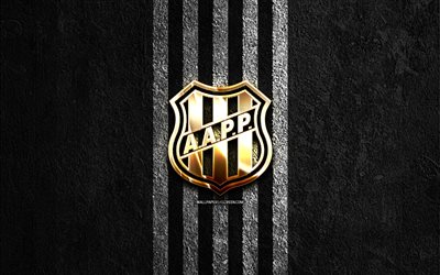 Ponte Preta golden logo, 4k, black stone background, Brazilian Serie B, brazilian football club, Ponte Preta logo, soccer, Ponte Preta emblem, AA Ponte Preta, football, Ponte Preta FC
