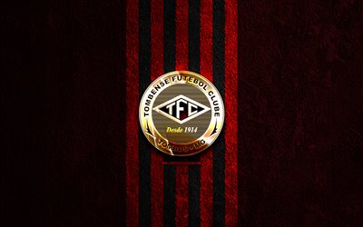 Tombense FC golden logo, 4k, red stone background, Brazilian Serie B, brazilian football club, Tombense FC logo, soccer, Tombense FC emblem, Tombense, football, Tombense FC