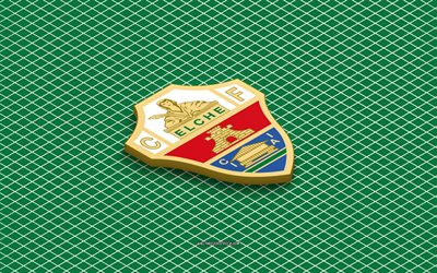 4k, Elche CF isometric logo, 3d art, Spain football club, isometric art, Elche CF, green background, La Liga, Spain, football, isometric emblem, Elche CF logo