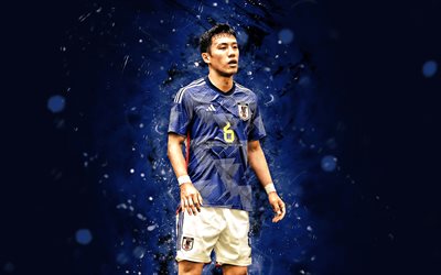 wataru endo, 4k, blå neonljus, japans fotbollslandslag, fotboll, fotbollsspelare, blå abstrakt bakgrund, japanskt fotbollslag, wataru endo 4k