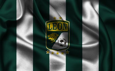 4k, club leon logotyp, grönt vitt sidentyg, mexikanskt fotbollslag, club leon emblem, liga mx, klubben leon, mexiko, fotboll, club leon flagga