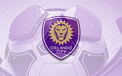 Orlando City glossy logo, 4K, violet football background, MLS, soccer, american soccer club, Orlando City 3D logo, Orlando City emblem, Orlando City FC, football, sports logo, Orlando City logo, Orlando City