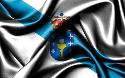 drapeau galice, 4k, communautés espagnoles, drapeaux en tissu, journée de la galice, drapeau de la galice, drapeaux de soie ondulés, espagne, communautés d'espagne, galice