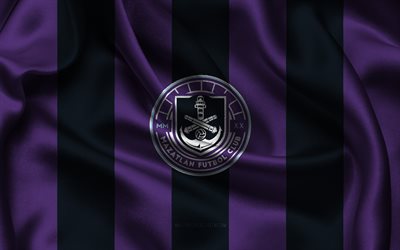 4k, logo mazatlán fc, tessuto di seta nero viola, squadra di calcio messicana, stemma del mazatlán fc, liga mx, mazatlán fc, messico, calcio, bandiera mazatlán fc