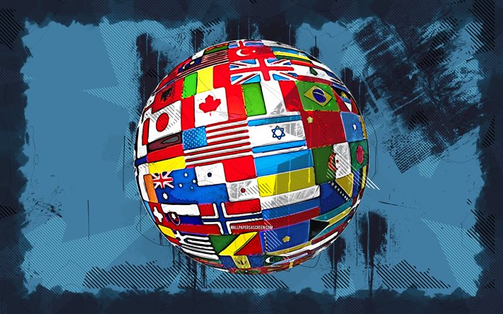 globe avec des drapeaux, 4k, grunge art, notions de géopolitique, créatif, fond grunge bleu, globe terrestre