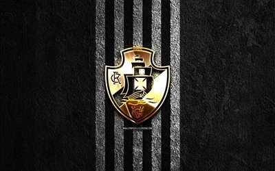 Vasco da Gama golden logo, 4k, black stone background, Brazilian Serie B, brazilian football club, Vasco da Gama logo, soccer, Vasco da Gama emblem, Vasco da Gama, football, Vasco da Gama FC
