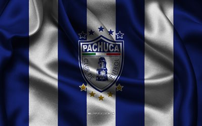 4k, logo cf pachuca, tessuto di seta bianco blu, squadra di calcio messicana, stemma cf pachuca, liga mx, cf pachuca, messico, calcio, bandiera cf pachuca