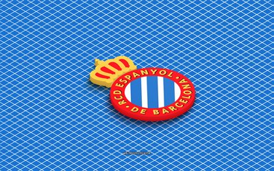 4k, rcd espanyol izometrik logosu, 3 boyutlu sanat, ispanya futbol kulübü, izometrik sanat, rcd espanyol, mavi arka plan, la liga, ispanya, futbol, izometrik amblem, rcd espanyol logosu