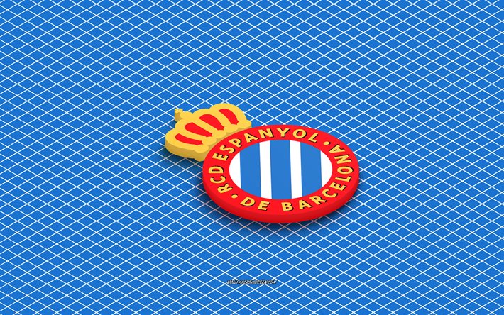 4k, rcd espanyol isometrisk logotyp, 3d konst, spansk fotbollsklubb, isometrisk konst, rcd espanyol, blå bakgrund, la liga, spanien, fotboll, isometriskt emblem, rcd espanyol logotyp