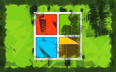 Microsoft grunge logo, 4K, grunge art, creative, brands, green grunge background, Microsoft logo, Microsoft