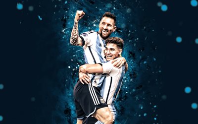 Lionel Messi and Julian Alvarez, 4k, Argentina National Football Team, blue neon lights, soccer, footballers, red abstract background, Leo Messi, Argentinean football team, Lionel Messi, Julian Alvarez
