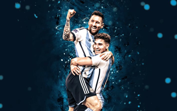 Lionel Messi and Julian Alvarez, 4k, Argentina National Football Team, blue neon lights, soccer, footballers, red abstract background, Leo Messi, Argentinean football team, Lionel Messi, Julian Alvarez