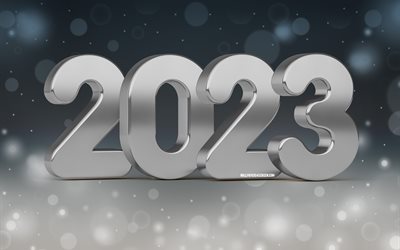 4k, 2023 feliz año nuevo, creativo, dígitos 3d plateados, resplandor plateado, 2023 conceptos, 2023 dígitos 3d, feliz año nuevo 2023, obra de arte, 2023 fondo plateado, 2023 año