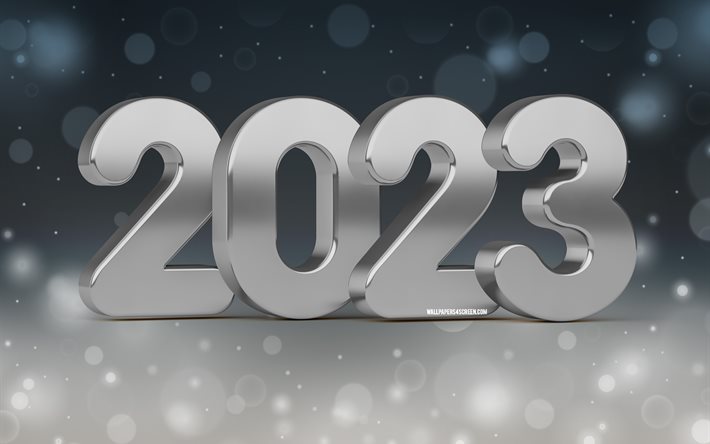 4k, 2023年明けましておめでとうございます, クリエイティブ, シルバーの 3d 数字, シルバーグレア, 2023年のコンセプト, 2023 3d 数字, 明けましておめでとうございます 2023, アートワーク, 2023 銀色の背景, 2023年