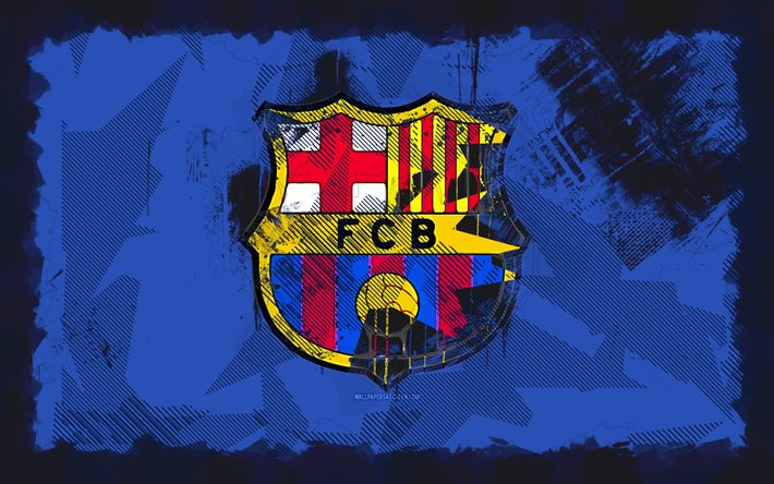 fc 바르셀로나 그런 지 로고, 4k, 그런지 아트, 라 리가, 스페인 축구 클럽, fc 바르셀로나 로고, 축구, 블루 그런 지 배경, fc 바르셀로나 엠블럼, 라리가, fc 바르셀로나, fcb, 바르셀로나 fc