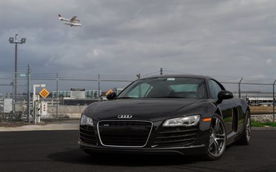 Audi R8, Armytrix, de Escape, de 2016, negro coupe, deportes, coche, y el aeropuerto