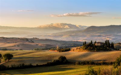 Toscana, खेतों, पहाड़ों, घास के मैदान, सूर्यास्त, बादलों, इटली