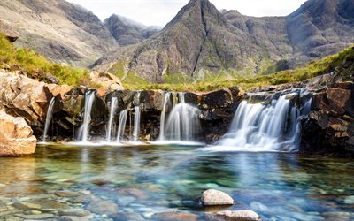 montanhas, cachoeira, lago, rock, céu, escócia, highland