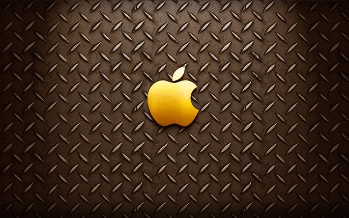 maçã, logotipo dourado, placa de metal