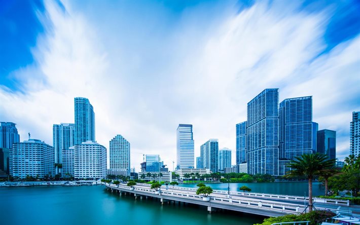 Miami, edificios, cielo azul, puente, Florida, estados unidos, USA