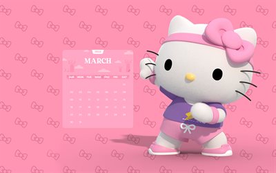 4k, calendario di marzo 2025, hello kitty, marzo 2025, sfondi rosa, calendari di primavera, cartoon cat, 2025 concetti, calendari di marzo, 2025 calendari, marzo