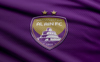 Al Ain FC fabric logo, 4k, violet fabric background, Saudi Pro League, bokeh, soccer, Al Ain FC logo, football, Al Ain FC emblem, Al Ain FC, Portuguese football club, Al-Ain FC