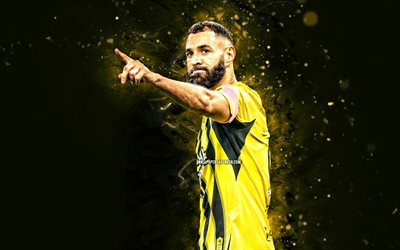 karim benzema, 4k, gelbe neonlichter, al ittihad club, saudische pro  liga, französische fußballer, karim benzema 4k, fußball, al ittihad fc, al ittihad saudi arabischer club, karim benzema al ittihad