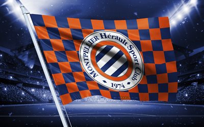 4k, montpellier hsc logosu, fransız futbol kulübü, stadyum bayrağı, montpellier hsc hayranları bayrağı, mavi turuncu bayrak, montpellier hsc amblemi, ligue 1, fransa, futbol, montpellier hsc, montpellier fc