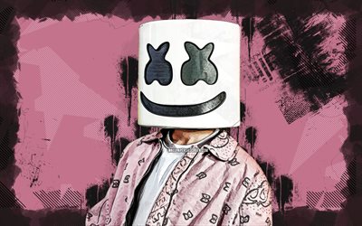 4k, DJ Marshmello, pink grunge background, Christopher Comstock, american DJ, fan art, superstars, Marshmello, DJs, popular singers, Marshmello 4K, Marshmello mask, music stars