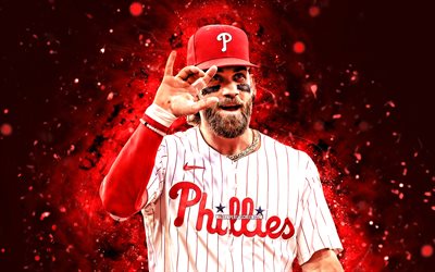 4k, bryce harper, contexte abstrait rouge, philadelphie phillies, mlb, joueurs de baseball américains, bryce harper 4k, néons rouges, base ball, major league baseball, harpe, bryce harper philadelphie phillies