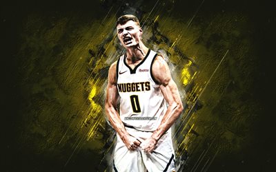 christian braun, denver nuggets, nba, amerikanischer basketballspieler, gelber steinhintergrund, grunge  kunst, usa, basketball, nationale basketballvereinigung