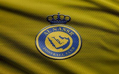 al nassr fc kumaş logosu, 4k, sarı kumaş arka plan, suudi pro ligi, bokh, futbol, al nassr fc logosu, al nassr fc amblemi, al nassr fc, suudi futbol kulübü, al nass fc