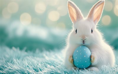 bunny di pasqua, coniglio bianco soffice, pasqua, uova di pasqua blu, bunny con uovo, animali carini, modello di pasqua