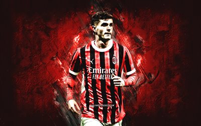 christian pulisic, ac milan, joueur de football américain, fond de pierre rouge, grunge, serie a, italie, football, christian pulisic milan