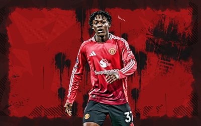 4k, kobbie mainoo, kırmızı grunge arka plan, manchester united fc, premier lig, ingiliz futbolcular, kobbie mainoo 4k, futbol, kobbie mainoo manchester united, adam birleşik