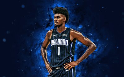 jonathan isaac, 4k, mavi neon işıklar, orlando magic, nba, amerikalı basketbolcular, jonathan isaac 4k, basketbol, ulusal basketbol birliği, jonathan isaac orlando büyüsü