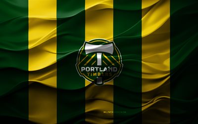 4k, logotipo de portland timbers, fondo 3d amarillo verde, emblema de timbers de portland, equipo de fútbol americano, bandera de timbers de portland, textura 3d, mls, eeuu, timbers de portland, fútbol, fútbol americano