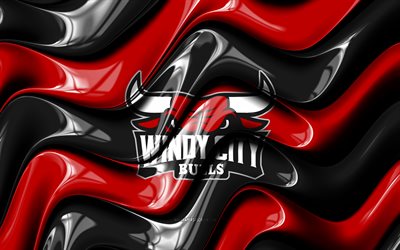 logotipo 3d de los toros de la ciudad del viento, 4k, ondas 3d rojas negras, liga nba g, baloncesto, bandera de los toros de la ciudad de los vientos, logotipo de los toros de la ciudad del viento, emblema de los windy city bulls, toros de la ciudad del viento