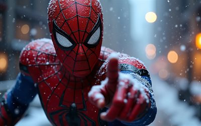 hombre araña, 4k, superhéroe, invierno, nieve, paisaje urbano, personaje de hombre araña, superhéroe hombre araña, arte del hombre araña