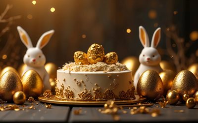सुनहरे ईस्टर अंडे, 4k, ईस्टर केक, bokeh, हैप्पी ईस्टर, स्वर्ण ईस्टर सजावट, ईस्टर एग्स, ईस्टर की सजावट, ईस्टर खरगोश, ईस्टर पृष्ठभूमि, ईस्टर