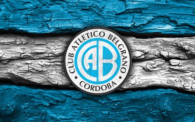 CA Belgrano wooden logo, 4k, blue white wooden background, Argentina Primera Division, soccer, CA Belgrano logo, football, CA Belgrano emblem, Belgrano FC, Argentine football club, CA Belgrano